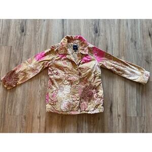 Gap Kids Girls Paisley Corduroy Jacket Sz L 10 Tan Pink Floral Coat